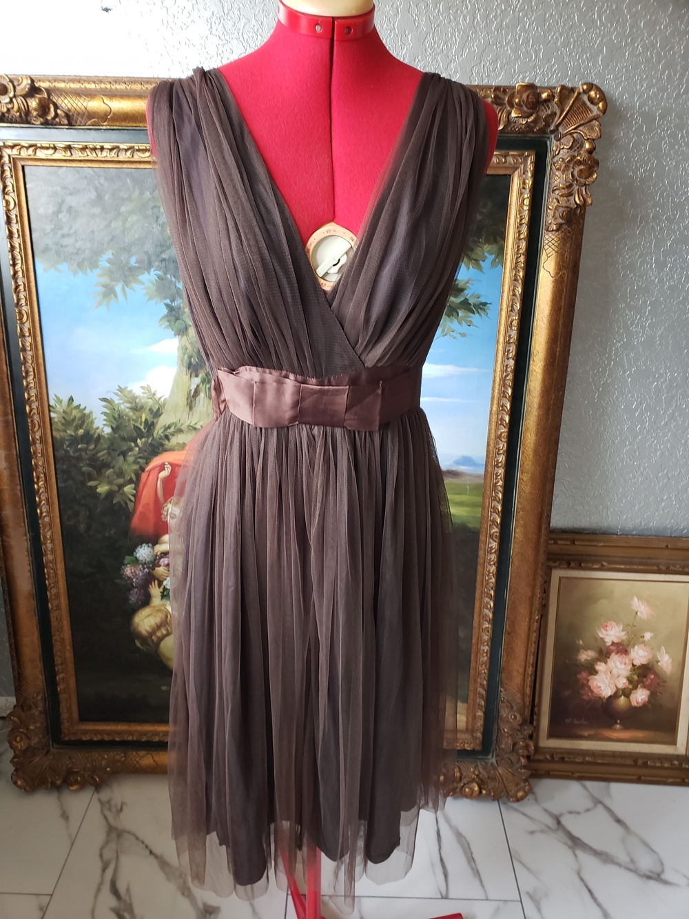 Nougat London Brown Taupe V-Neck Midi Chiffon Dress